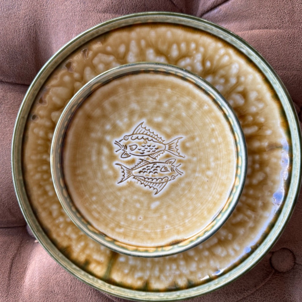 Handmade Studio Pottery Fish Plates Set of 2 Brown Green‎ Drip Glaze MCM Unique